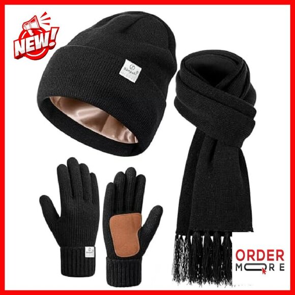 Satin Lined Beanie Scarf Gloves Set Winter Accessories Touchscreen main image 5